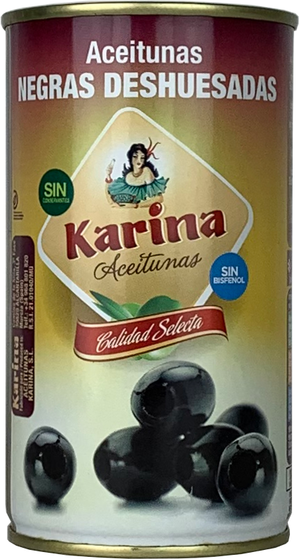 Schwarze Oliven ohne Stein, Dose, 150g Abtropfgewicht - Aceitunas Karina