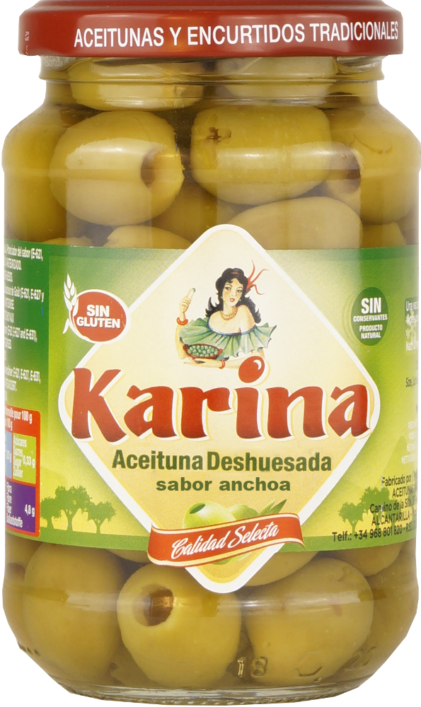 Grüne Manzanilla-Oliven ohne Stein, Glas, 160g Abtropfgewicht - Aceitunas Karina