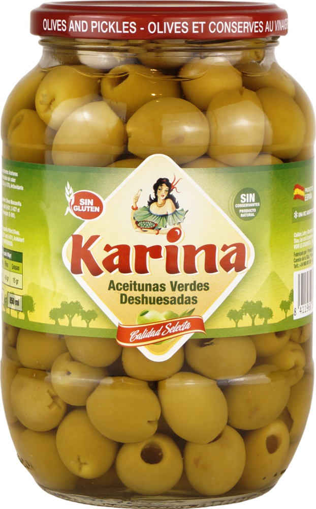 Grüne Manzanilla-Oliven ohne Stein, Glas, 430g Abtropfgewicht - Aceitunas Karina