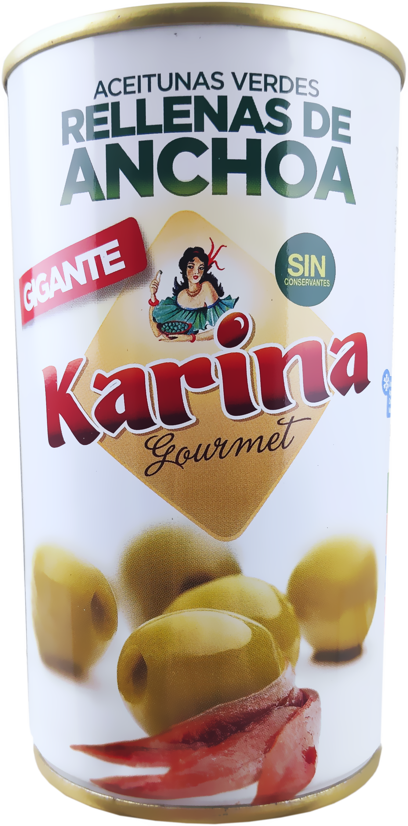 Grüne Manzanilla-Oliven gefüllt mit Anchoa-Paste, Dose, 150g Abtropfgewicht - Aceitunas Karina