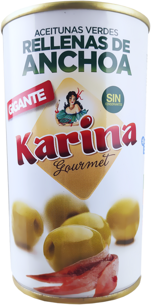 Grüne Manzanilla-Oliven gefüllt mit Anchoa-Paste, Dose, 150g Abtropfgewicht - Aceitunas Karina