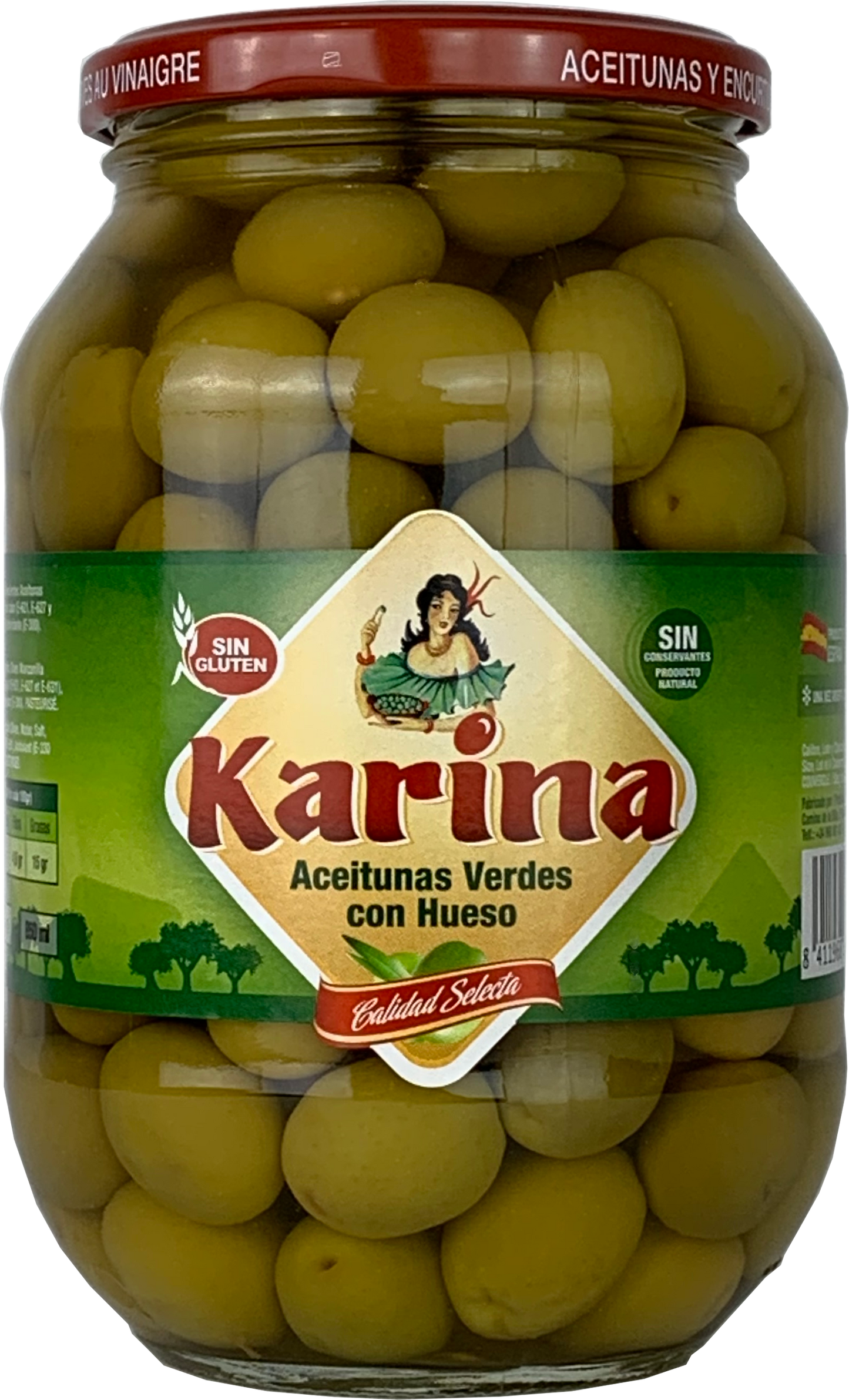 Grüne Manzanilla-Oliven mit Stein, Glas 500g Abtropfgewicht - Aceitunas Karina