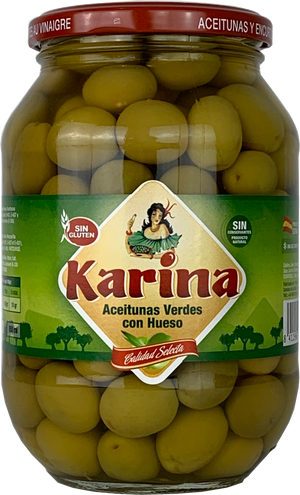 Grüne Manzanilla-Oliven mit Stein, Glas 500g Abtropfgewicht - Aceitunas Karina