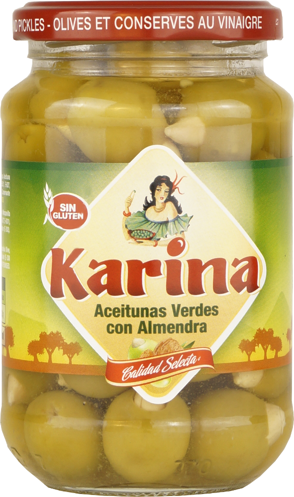 Grüne Manzanilla-Oliven gefüllt mit Mandeln, Glas 200g Abtropfgewicht - Aceitunas Karina