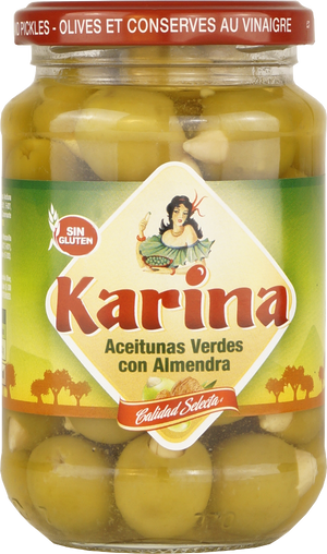 Grüne Manzanilla-Oliven gefüllt mit Mandeln, Glas 200g Abtropfgewicht - Aceitunas Karina