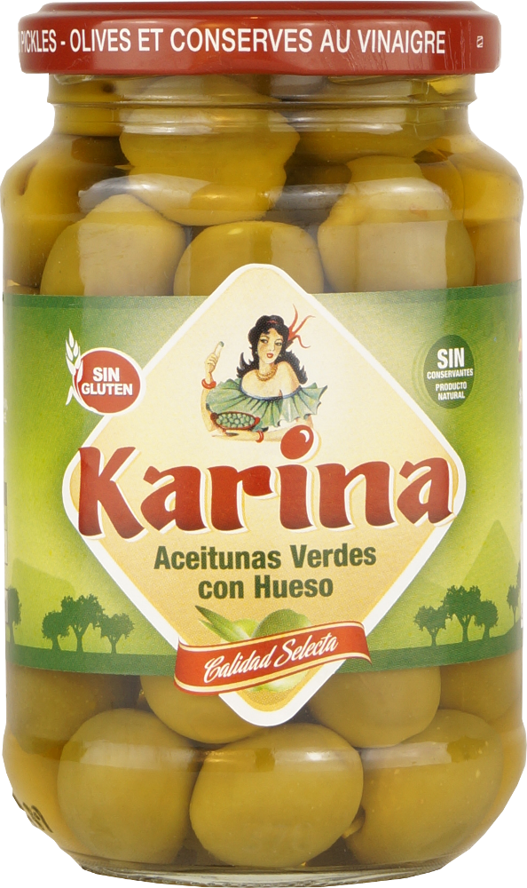 Grüne Manzanilla-Oliven mit Stein, Glas, 200g Abtropfgewicht - Aceitunas Karina
