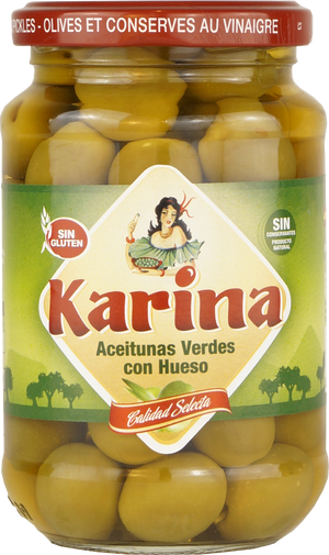 Grüne Manzanilla-Oliven mit Stein, Glas, 200g Abtropfgewicht - Aceitunas Karina