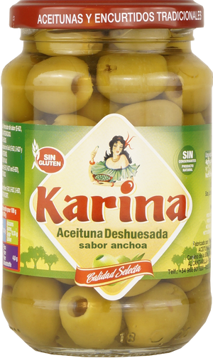 Grüne Manzanilla-Oliven ohne Stein, Glas, 160g Abtropfgewicht - Aceitunas Karina