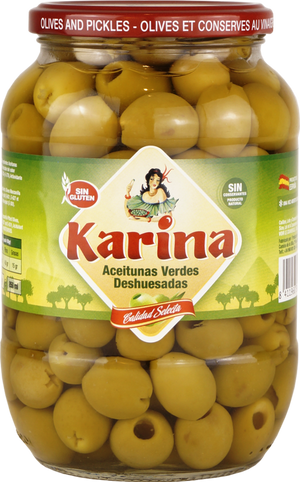Grüne Manzanilla-Oliven ohne Stein, Glas, 430g Abtropfgewicht - Aceitunas Karina